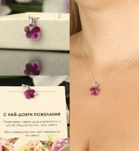 Сребърно колие с цикламено кристално цвете Swarovski