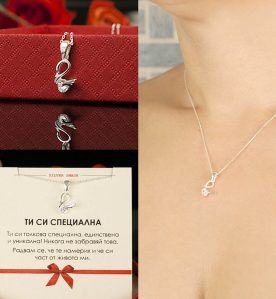 Сребърно колие с лебед и циркон