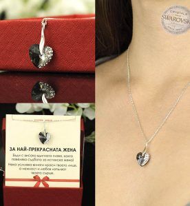 Елегантно сребърно колие с ръчно инкрустирано сърце Swarovski
