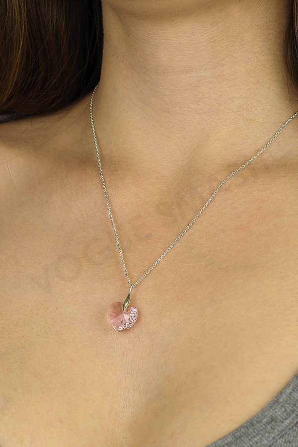 Нежно сребърно колие с ръчно инкрустирано розово кристално сърце Swarovski - Image 5