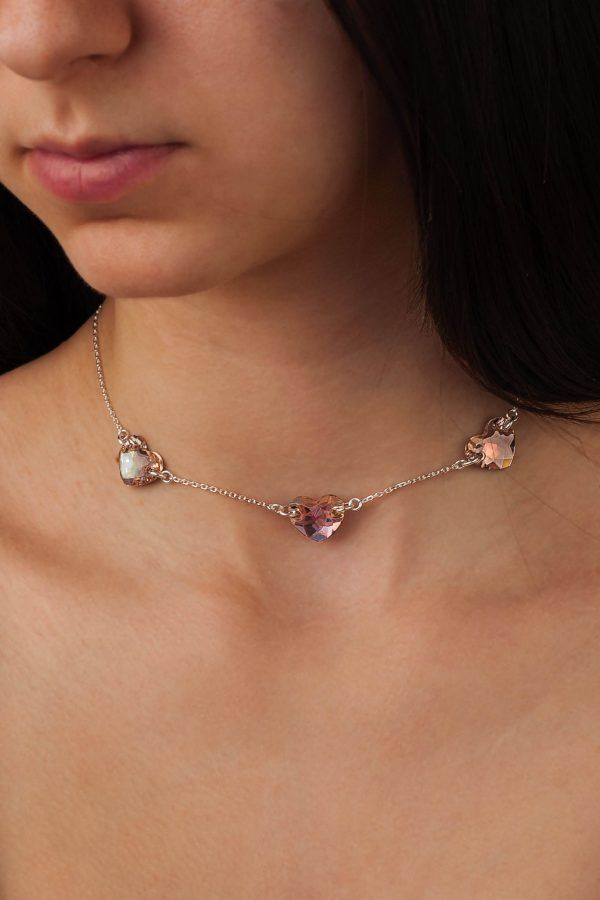 Сребърен чоукър с розови сърца Swarovski - Image 4